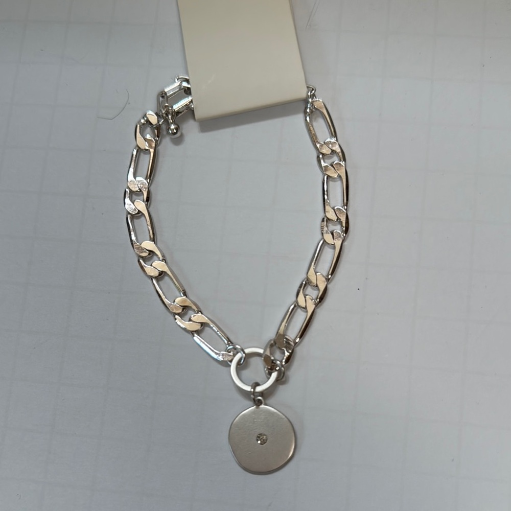 Bracelet Silver Plated Round Charm with Rhinestone Paper Clip Chain